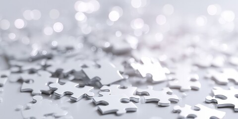 Scattered white puzzle pieces on a light gray surface with bokeh