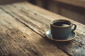 A close-up of a steaming hot cup of dark brown coffee sits on a rustic wooden table, with a saucer resting underneath