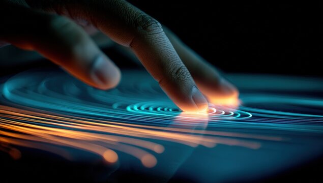 A hand interacts with a glowing, circular interface