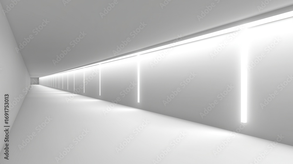 Aufkleber a minimalistic corridor illuminated by linear lights, creating a sense of depth and modernity.