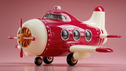 Cartoonish red and cream airplane toy on pink background