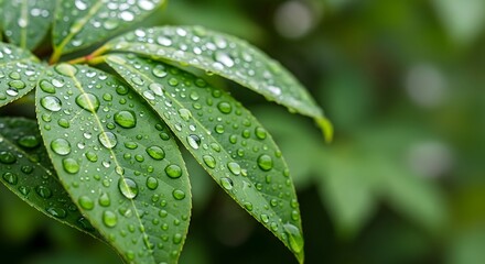Close-up view of lush green leaves covered in glistening water droplets, showcasing a vibrant and refreshing natural scene.