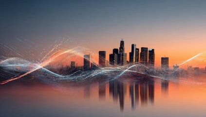 Obraz premium City skyline at sunset with digital overlay