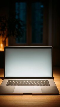 Laptop computer on wooden desk in dimly lit room with window and plant, minimal screen, cozy evening atmosphere, remote work technology, solitude