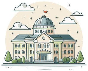 Illustration of governmental building with a dome, trees, and clouds in a minimalist style.