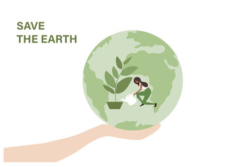 Woman holding the green planet Earth. Earth day and saving planet. Environment conservation and energy saving concept vector illustration