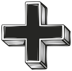 Fototapeta premium Hand drawn 3D plus sign, illustration, monochrome symbol