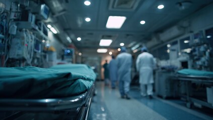 Blurred hospital hallway with medical staff