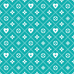 Seamless geometric monogram pattern with hearts and abstract floral symbols, luxury ornamental diamond lattice design, elegant repeating background in turquesa blue.