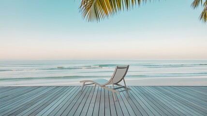 A tranquil beach scene featuring a lone deck chair on a wooden boardwalk, framed by a palm tree, with gentle waves meeting the shore under a serene sky, evoking relaxation and escape