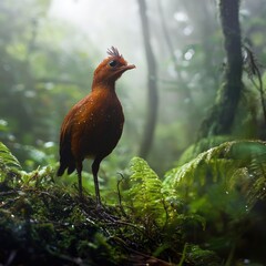 Fototapeta premium Rusty-red bird in a misty rainforest