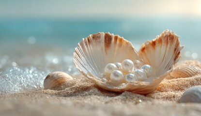 Pearls nestled in seashells on sandy beach