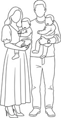 Family, parents, children, vector, illustration, outline, drawing, standing, together, couple, mom, dad, babies, group, doodle, characters, holding, arms, concept, art,