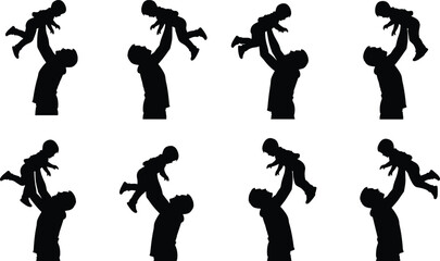 Father lifting child, parent playing with kid, joyful family bonding, silhouette illustration, happy parenting moment, black and white vector art, emotional connection
