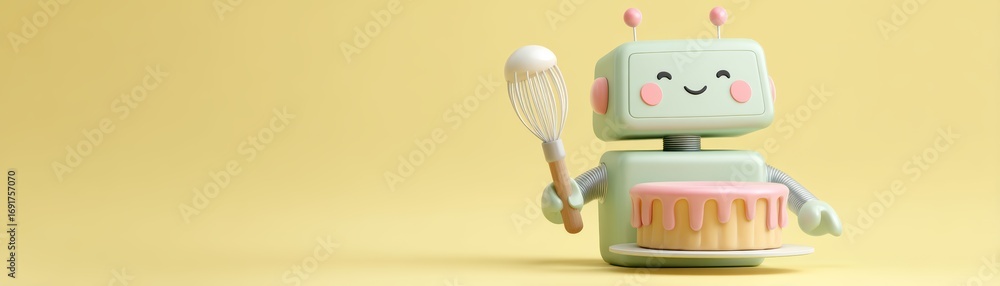 Poster a cheerful robot holds a whisk and a cake, set against a soft yellow background, embodying a fun, pl