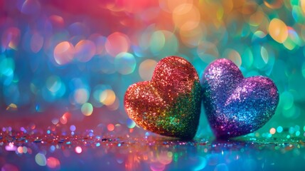 Two glittering heart ornaments embrace against a bokeh background of vibrant colors