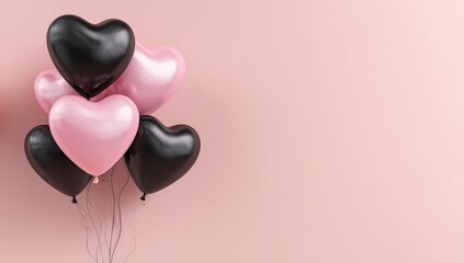 Heart-shaped balloons in pink and black against a soft pink background