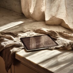 Modern Tablet on Soft Fabric with Natural Light and Elegant Setting