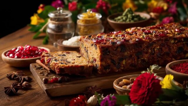 Sliced fruitcake on wooden board