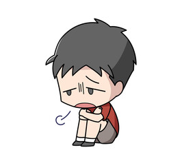 体育座りでため息をつく男子のイラスト