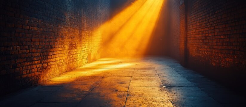 Dark alley with bright light beam and smoky atmosphere.