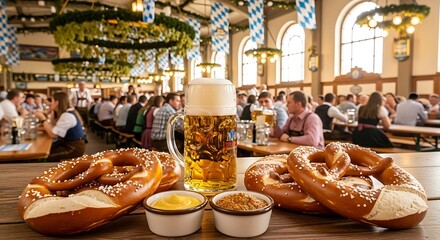 Traditional Bavarian Beer Hall with Large Glass Mug of Beer and Pretzels on Wooden Table