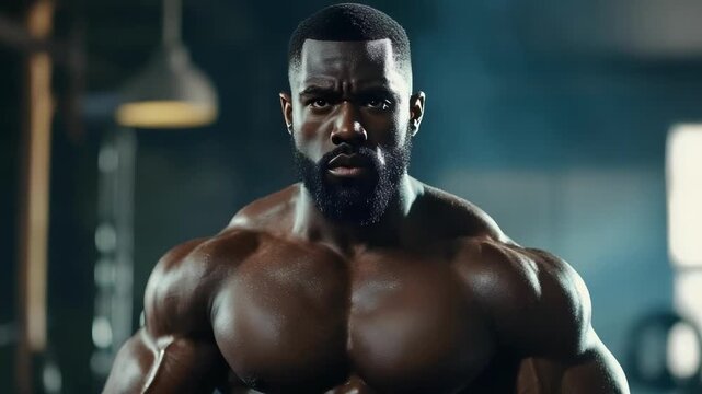 A shirtless, muscular man flexes his chest and abs in a gym with dramatic lighting.