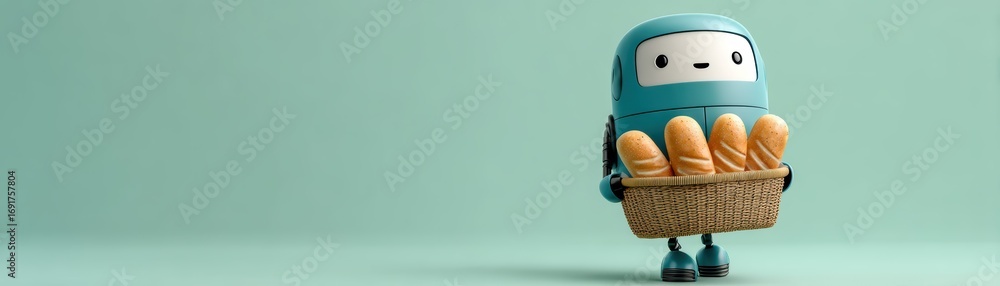 Poster a cute robot character holds a basket of bread against a soft, mint-green background, creating a whi