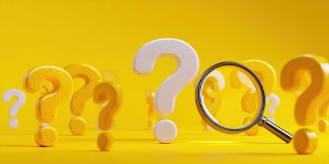 Question marks and magnifying glass on yellow background