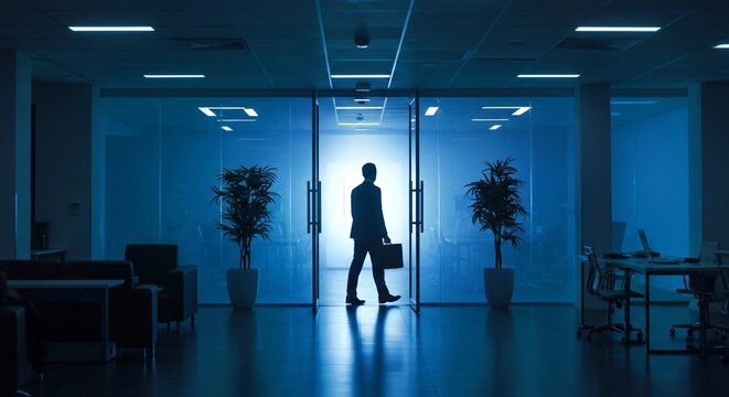 silhouette of a woman in a corridor, Silhouette of man walks out door in office. Business person leaves, goes away in suit. Symbolizes employment termination, resignation, career change, job loss, end