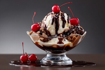 Deliciously cold chocolate and vanilla ice cream sundae topped with a fresh cherry in a glass bowl