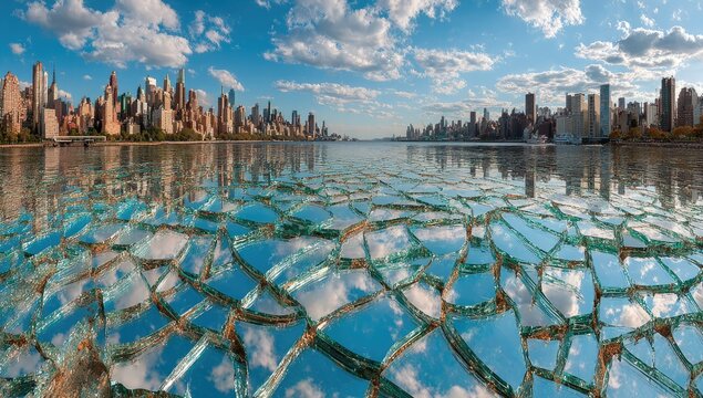 Broken mirror reflections of a city skyline