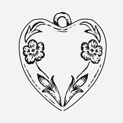 Heart ornament with flowersю Black white romantic cute love valentine illustration