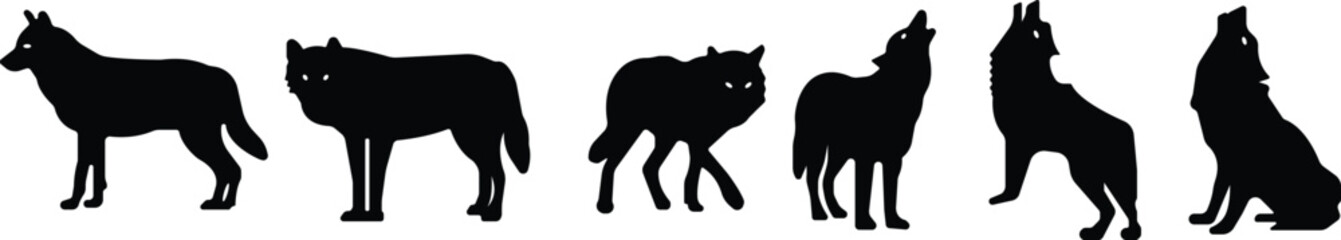 Art & IllustrationWolf icon set.Wolf silhouette icon set. Howling predator sign. Wild canine animal symbol. Vector illustration.A sleek of wolf standing, captured against a clean.Wolf standing, in bla