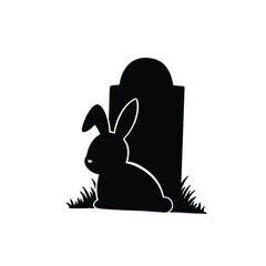 Black rabbit silhouette behind gravestone icon white