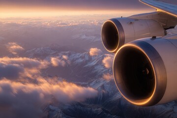 Airplane engines over mountains at sunset