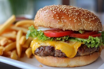 A juicy cheeseburger with fresh lettuce, tomato, and bacon served with a side of crispy golden french fries