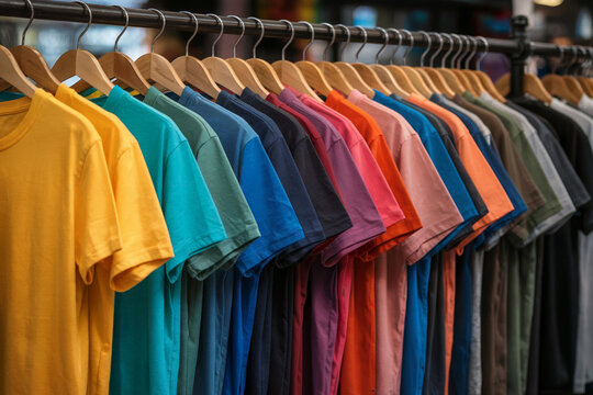 Colorful t shirts neatly arranged on a clothing rack for sale apparel fashion retail