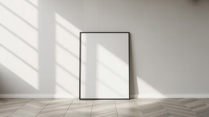 Modern minimalist interior scene with empty framed poster bathed in soft diagonal light casting serene shadows on a clean white wall and light wood floor, perfect for design mockups.