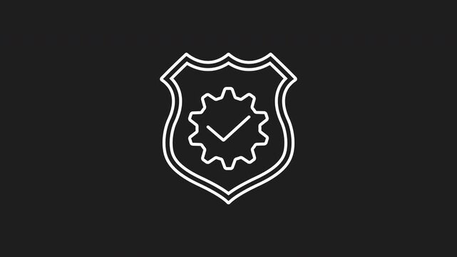 Security compliance white line animation. Animation of gear, shield icon, and checkmark. Suitable for digital content, presentations, and cybersecurity materials. Improve security awareness.