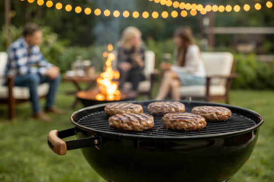 Grilled beef burgers cooking on barbecue with people in background grilling meat