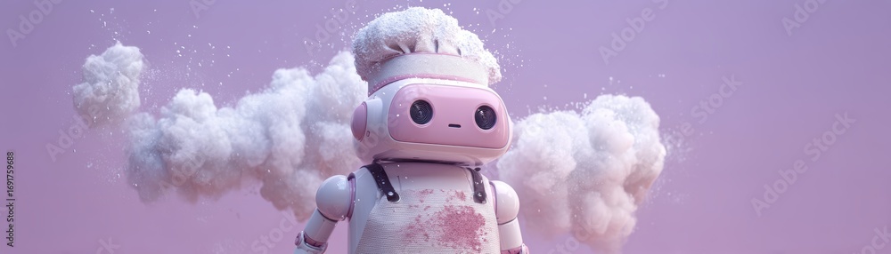 Poster a cute pink robot chef stands against a pastel background, surrounded by fluffy clouds of flour, cre