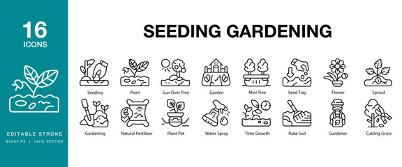 Seeding Gardening icon set. Includes agriculture, growth, soil, seed, garden, and More. Editable Stroke Icon Collection.