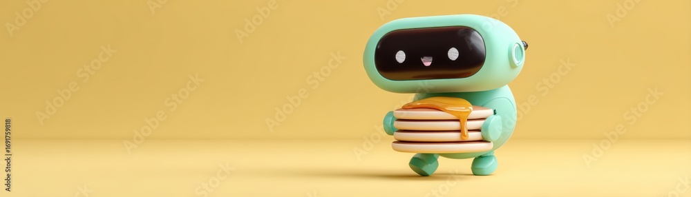 Poster a cute robot character holds a stack of pancakes drizzled with syrup against a soft yellow backgroun