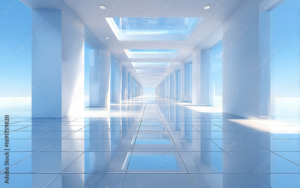 Poster modern and bright corridor with smooth floor and columns