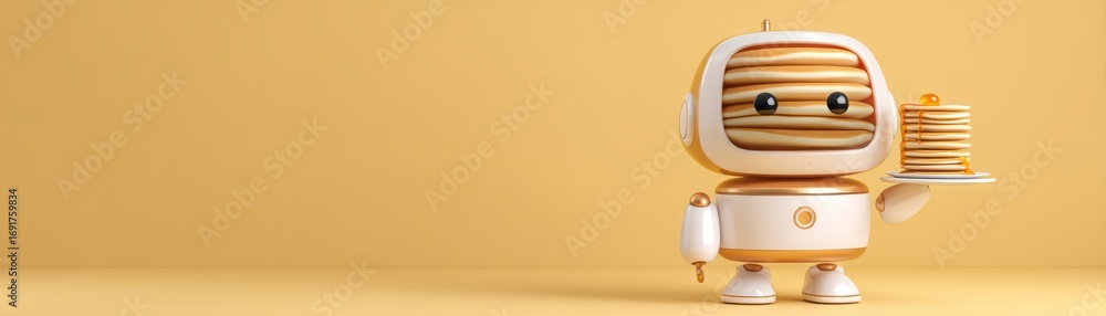 Poster a cute robot holds a stack of pancakes on a plain yellow background, blending technology with food i