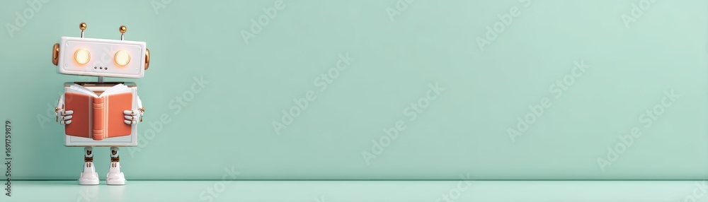Poster a whimsical robot reading a book stands against a mint green background, embodying a blend of techno