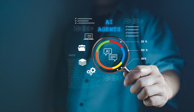 AI agent performance data being analyzed by a user using futuristic interface with circular chart and tech icons, representing artificial intelligence and digital transformation in business.