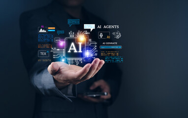Artificial intelligence and AI agents are visualized in a futuristic concept as a businessman holds a glowing AI chip hologram, symbolizing innovation in technology and digital transformation.