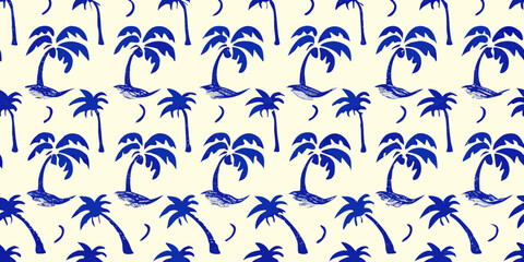 Seamless pattern of blue palm trees on a cream background with a textured brush stroke effect